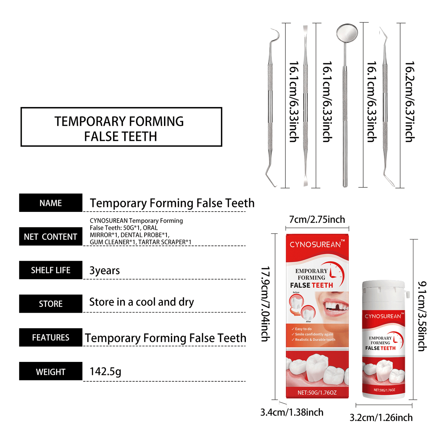 CYNOSUREAN Moldable Dental Gel Dentures Temporary Fillings Cavities and Teeth Fillings Temporary Tooth Filling Denture Kit Oral false tooth fake